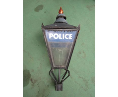A Victorian street lamp case with copper finial top, marked Police, converted to electric, approx 117cm tall