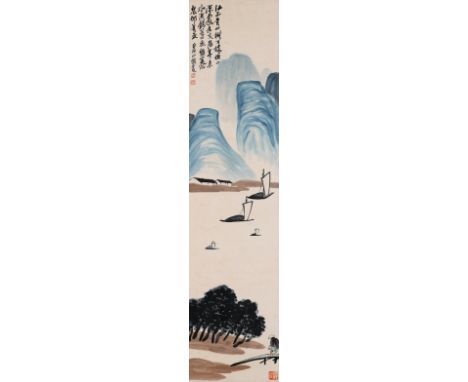 A Chinese Scroll Painting By Qi Baishi 20th c. Dimensions: 53 1/2 x 13 3/8 inches (136cm x 34cm)
