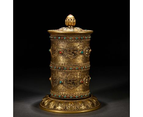 A Sino-tibetan Bronze-gilt Prayer Wheel Qing Dynasty Dimensions: Height 9 1/4 inches, Width 6 1/4 inches (23.5 cm x 16 cm)