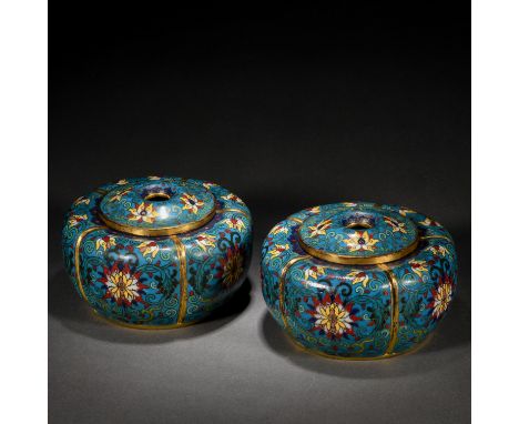 Pair Chinese Cloisonne Chess Boxes Qing Dynasty Dimensions: Width 4 7/8 inches, Height 3 1/8 inches (12.5 cm x 8 cm)