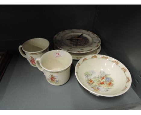 A selection of vintage ceramics by Bunnykins including wall clock and cups