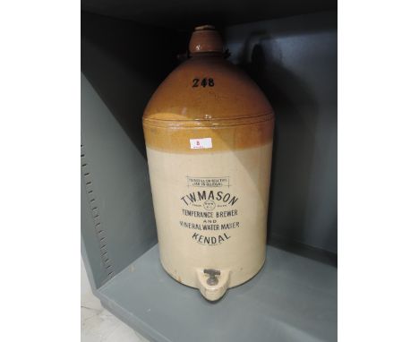 A vintage salt glazed earthen ware flagon for T W Mason Temperance brewer of Kendal