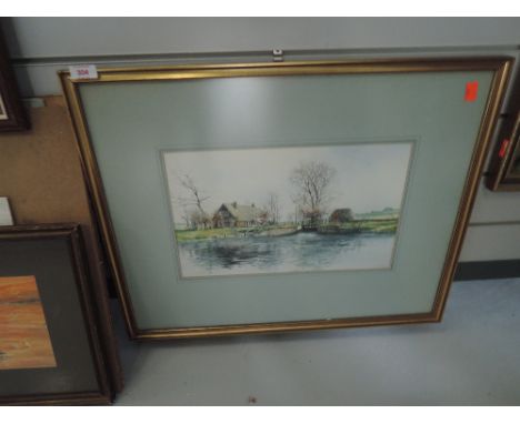 A vintage water colour and ink depicting thatched cottage and canal