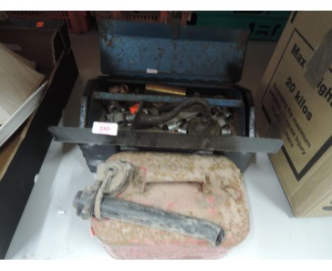 A vintage tool chest and Petrolium spirit fuel can