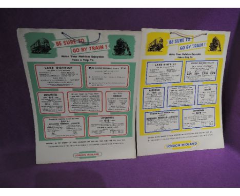 A set of two vintage London Midland railway card advertising signs 'Be Sure To Go By Train' 