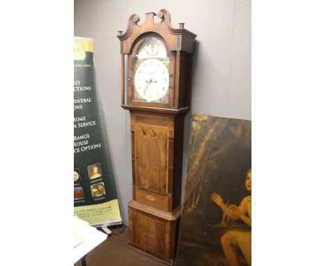 A 19TH CENTURY OAK AND MAHOGANY EIGHT DAY LONGCASE CLOCK, the painted arched dial with subsidiary seconds dial and date apert