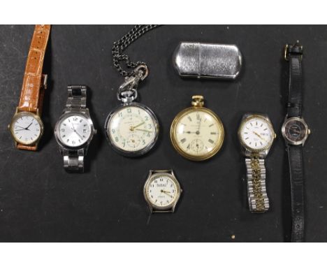 TWO INGERSOLL POCKET WATCHES, FIVE VARIOUS LADIES AND GENTS WRISTWATCHES AND A ZIPPO STYLE CIGARETTE LIGHTER