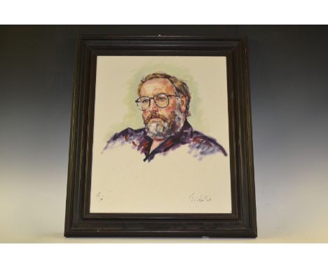 David Griffiths (Welsh, Bn.1939)
Portrait of Hywell Morris, TV Designer 
signed, titled and signed with initials to verso, 60