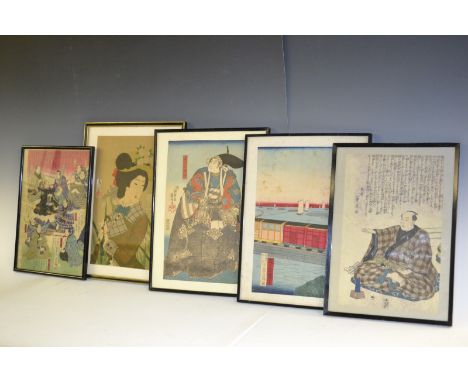 Japanese School (Edo period), a woodblock print, a kubi hiki or neck tug of war, 34.5cm x 24.5cm; another, Train Drivers; oth