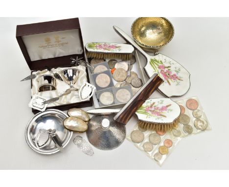 A THREE PIECE SILVER VANITY SET AND OTHER ITEMS, the vanity set comprising of a hair brush, mirror and clothes brush, each de