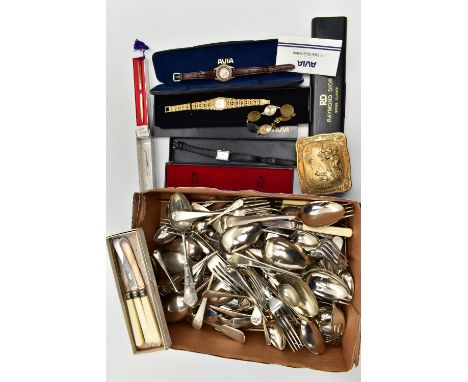 A BOX OF ASSORTED ITEMS, to include a box lid of loose assorted cutlery, a yellow metal trinket box, a costume bracelet, a bo