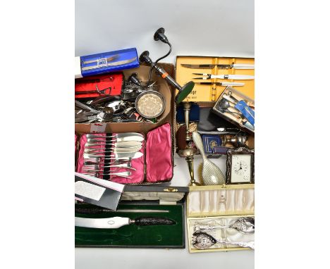 A BOX OF ASSORTED WHITE METAL WARE, to include a silver plated 'Arthur Price of England' mantle clock, a three branch silver 