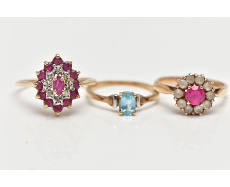 THREE GEM SET RINGS, the first designed as a tiered  marquise shape cluster set with rubies and diamonds, polished band, hall
