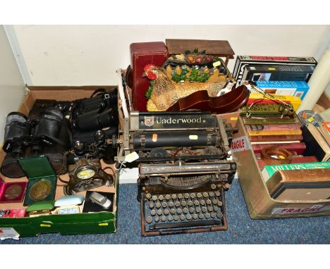 TWO BOXES AND LOOSE SUNDRY ITEMS ETC, to include an Underwood manual typewriter, Ross 7x42 binoculars, Miranda 16x50 binocula