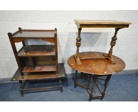 A SELECTION OF 20TH CENTURY FURNITRUE, to include an oval barley twist gate leg table, a rectangular coffee table, a three ti