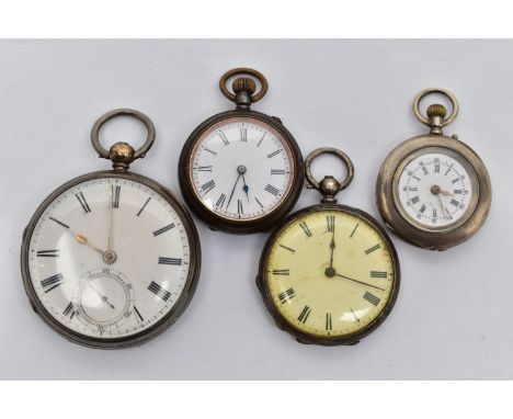 FOUR OPEN FACE POCKET WATCHES, the first a key wound movement, Roman numerals, subsidiary second dial at the six o'clock posi
