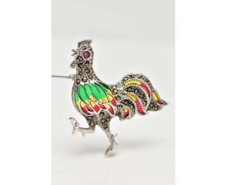 A WHITE METAL PLIQUE A JOUR BROOCH, in the form of a cockerel, marcasite detail to the body with a ruby eye, red, green and y