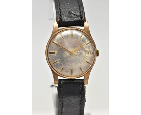 A 9CT GOLD WRISTWATCH, manual wind, round dial, baton markers, date at the three o'clock position, polished yellow gold case,