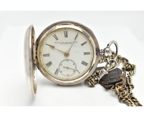 A SILVER FULL HUNTER POCKET WATCH, key wound movement, white dial, signed 'Stewart Dawson &amp; Co Liverpool'  Roman numerals