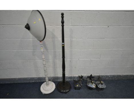 A SELECTION OF LIGHTING, to include a mahogany standard lamp, a painted standard lamp, one with shade, two lead glazed wall h