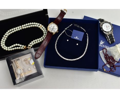 A SELECTION OF WATCHES AND COSTUME JEWELLERY, to include a cased Swaroski crystal necklace and ear stud set, an Amanda Suarez