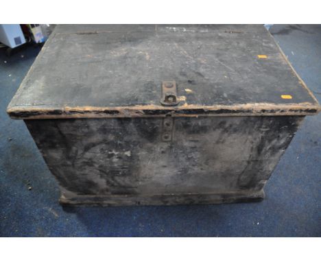 A VINTAGE WOODEN CHEST containing vintage tools, pry bars, brackets, large hammers, clamps etc. along with a large axe, lump 