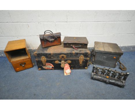 A SELECTION OF MISCELLANEOUS, to include a vintage tool chest, a vintage metal trunk, two index drawers (one drawer missing) 