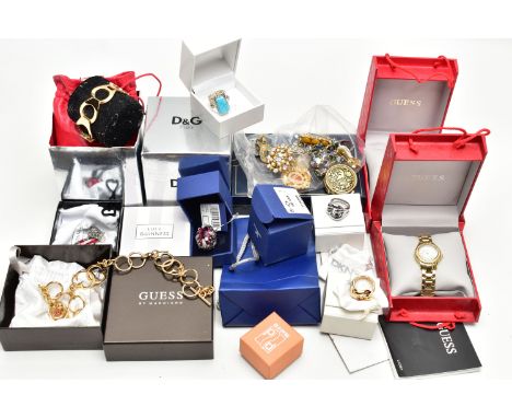 AN ASSORTMENT OF BRANDED COSTUME JEWELLERY AND WATCHES, to include a 'Guess' yellow metal fancy link double G chain necklace,