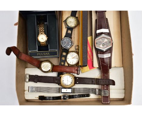 A BOX OF ASSORTED WATCHES, ladies and gents wristwatches, names to include Excalibur, Junghans, Regency, Vewematic, Pulsar, D