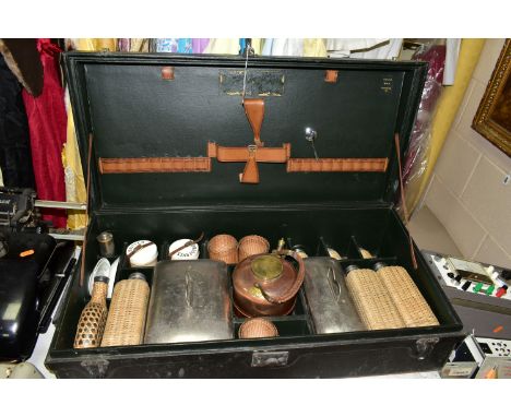 HAMPER, a vintage leather case Picnic Hamper from H. Greaves and Son, Birmingham, with ceramic, glass, white metal and copper