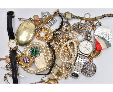 A BOX OF ASSORTED WATCHES AND COSTUME JEWELLERY, to include a gents 'Pulsar' wristwatch, model number 081145, three ladys wri