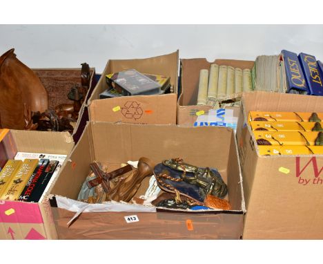 SIX BOXES OF RELIGIOUS STATUES, TREEN, BOOKS AND SUNDRY ITEMS, to include a box of Christian statues, wall plaques, icons and