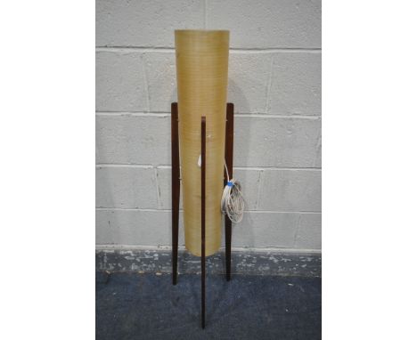 A MID-CENTURY SPUN FIBREGLASS ROCKET LAMP, on triple teak legs, height 113cm (condition:-good condition)