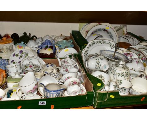 FOUR BOXES OF TEA WARES ETC, to include Crown Staffordshire 'Apple Blossom', Queen Anne rose pattern, Johnson Bros 'Indian Tr