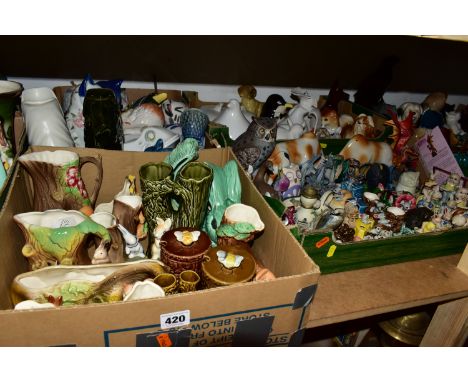 SIX BOXES OF CERAMIC ANIMAL ORNAMENTS, to include a collection of Hornsea Fauna vases, Dartmouth Pottery fish jugs, a green S