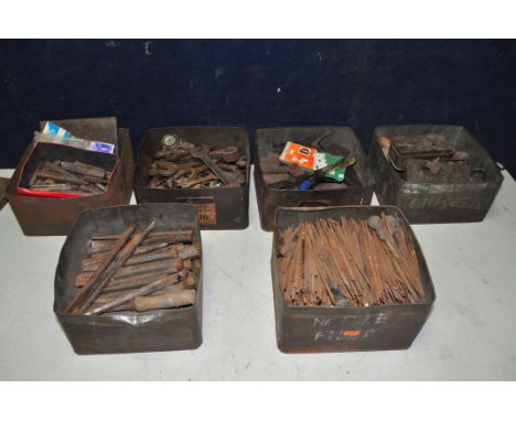 SIX TINS OF VINTAGE TOOLS to include files, spanners, chisels, hand taps, nails, screw etc.