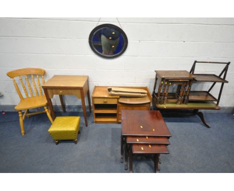 A SELECTION OF OCCASIONAL FURNITURE, to include a leather top coffee table, oak nest of three tables, teak telephone seat, te