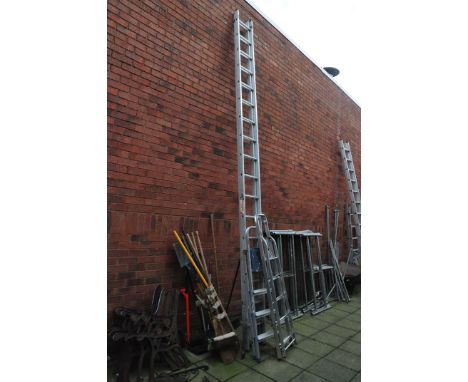 A SET OF YOUNGMAN MERCURY DOUBLE EXTENSION LADDERS with 17 rungs to each 490cm length, two ali step ladders and a selection o