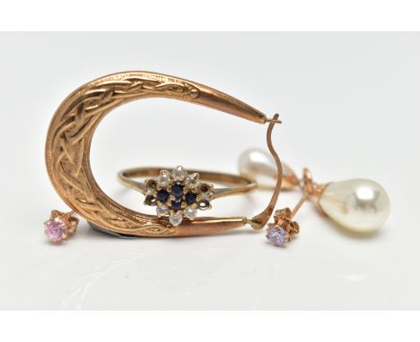 A 9CT GOLD CLUSTER RING AND A SINGLE HOOP EARRING, the cluster ring set with four circular cut blue sapphires, within a surro