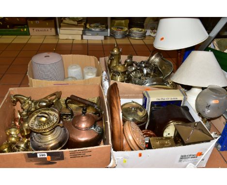 FOUR BOXES AND LOOSE METALWARES, LAMPS AND SUNDRIES ETC, to include a brass model of a horse and cart, brass ornaments, lamp 