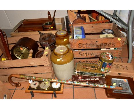 FOUR CRATES OF VINTAGE TINS AND TREEN, to include two vintage Schweppes wooden crates, two large salt glazed jars, height 28c