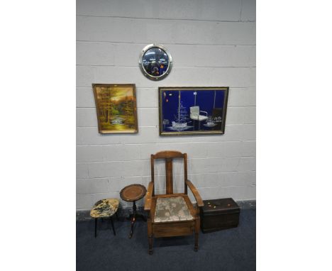 A SELECTION OF OCCASIONAL FURNITURE, to include a rectangular gilt frame bevelled edge wall mirror, with ship and dock decora