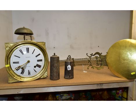 A COMTOISE CLOCK, PENDULUM AND WEIGHTS, the white enamel dial with black Roman numerals and marked 'Trinque', together with a