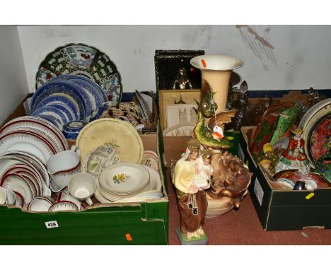 FIVE BOXES AND LOOSE CERAMICS AND GLASSWARES, to include a large vase with modelled dragons height 49cm, a forty piece Myott 