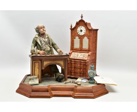 A CAPODIMONTE PORCELAIN TABLEAU 'THE CLOCK MAKER', sculpted by Mario Angela, modelled as a gentelamn seated at his desk fixin