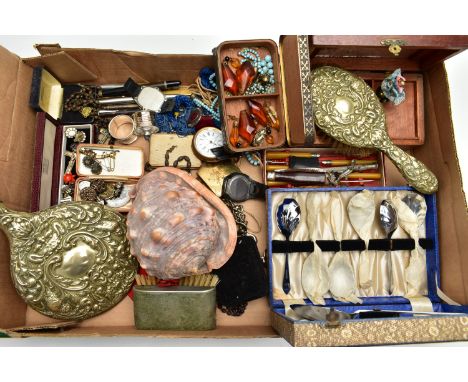 A BOX OF ASSORTED COSTUME JEWELLERY, to include a worn plated 'Swiss made, Specially examined' open face pocket watch, a case