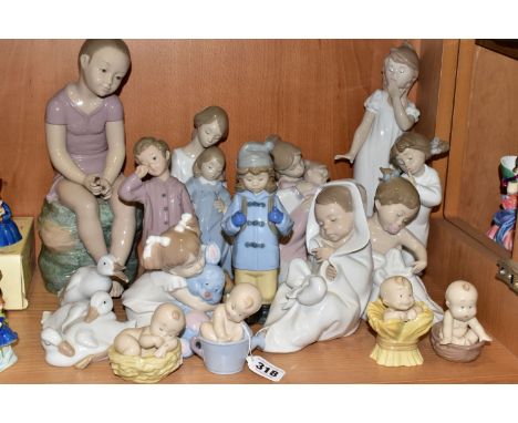 SIXTEEN LLADRO NAO FIGURINES, comprising four figures from the Where Do Babies Come From collection 'Harvest' 5030, 'Walnut' 