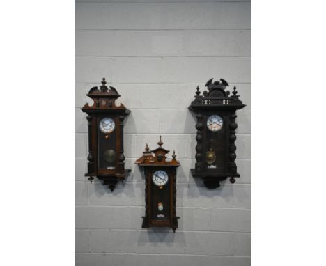 THREE VARIOUS LATE 19TH CENTURY VIENNA WALL CLOCKS, one signed Gustav Becker, height 100cm (condition:-loose mask) one signed