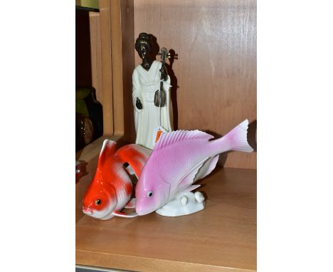 A MINTON GEISHA FIGURINE AND TWO NORITAKE FISH, Geisha MS26 height 25.5cm, with cream ceramic body and bronze head and arms, 