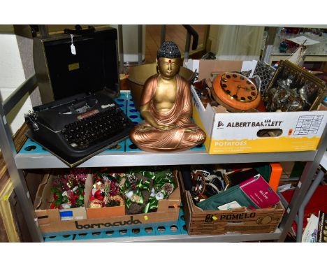 THREE BOXES AND LOOSE TYPEWRITER, METAL WARES, CHRISTMAS DECORATIONS AND SUNDRY HOUSEHOLD ITEMS, to include a Japanese red la